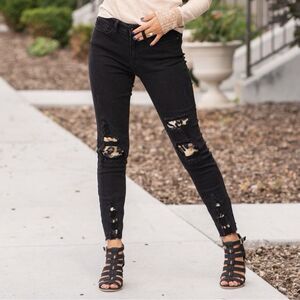 Judy Blue Skinny Fit High Rise Leopard Print Patch Black Jeans 82168 Size 14W